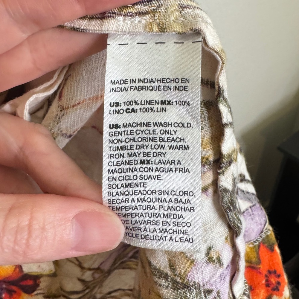 Chicos 100% Linen Dress Large Tan Floral 3/4 Sleeve Boho Coastal Lagenlook - Picture 4 of 10